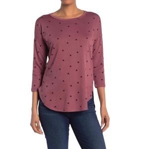 Bobeau 3/4 Sleeve Crewneck Maroon Top Felt Stars Pattern Size Small
